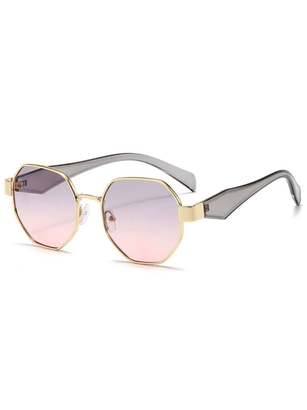 Unisex Vintage Style Octagonal Gold Frame Sunglasses W/ Grey-Pink Gradient Lens